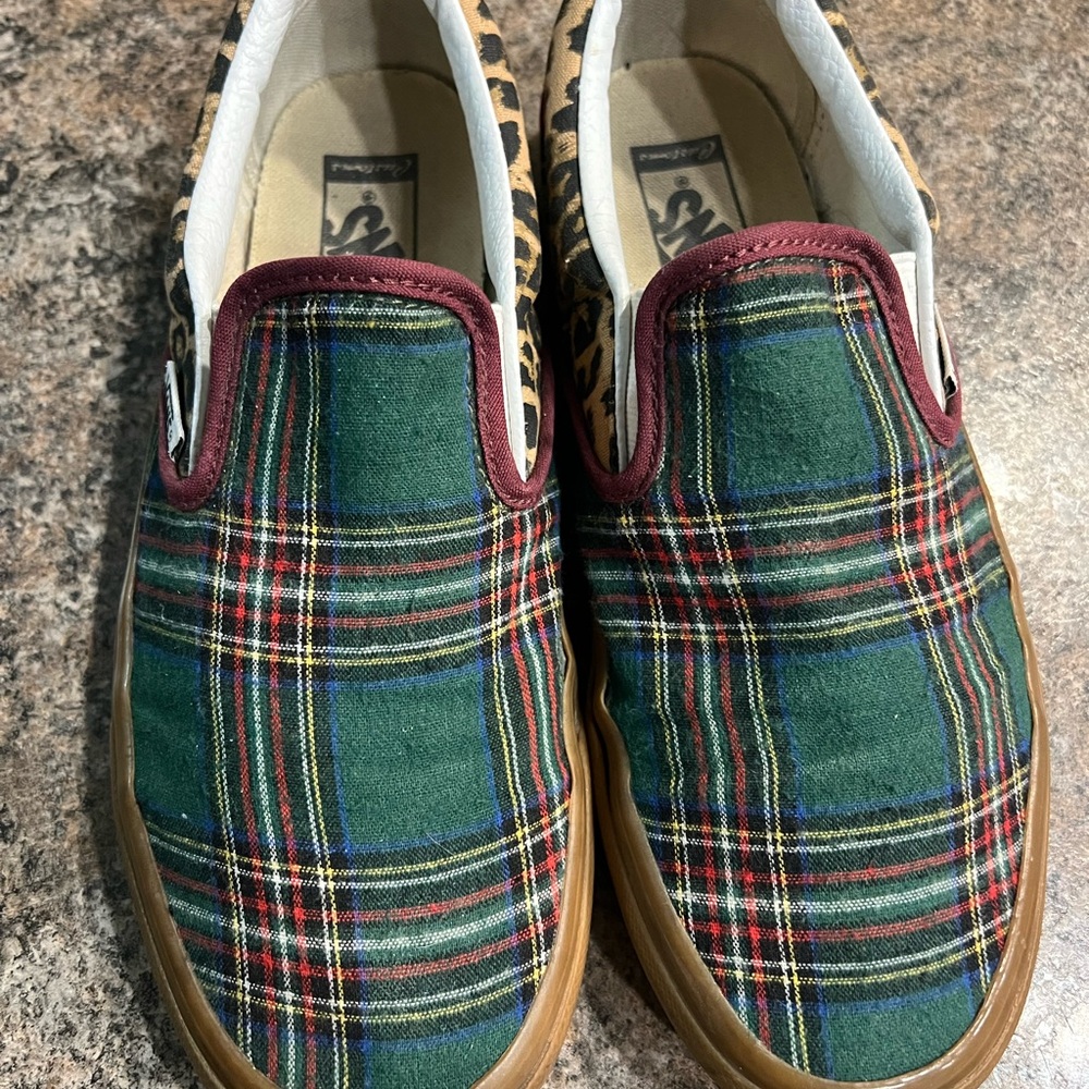 Plaid Slip-On Shoes with Leopard Trim
